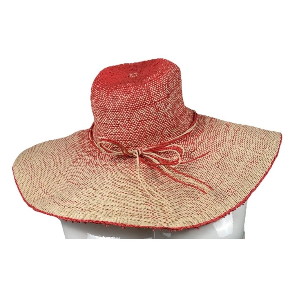 Wide Brim Floppy Sun Hat Natural Orange Woven Beach Resort Pool 19in Lightweight